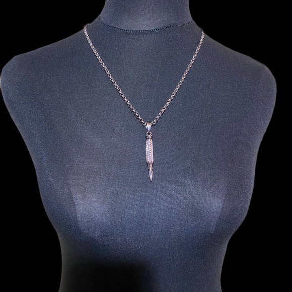 Rolo Chain Silvertone Bullet Pendant Necklace With Diamond Look CZ  Crystals - Picture 2 of 3